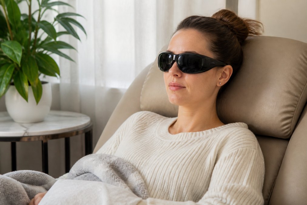 Patient wearing protective eyewear during recovery period, sitting in comfortable recovery space with soft natural lighting, demonstrating post-operative care practices