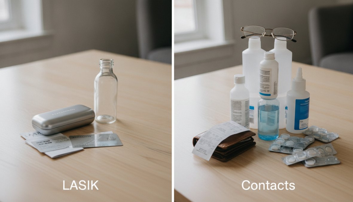 Close-up of a person's hand holding a contact lens case and solution bottles next to a pair of eyeglasses on a clean white surface, soft natural light from a nearby window highlighting the everyday expense of corrective lenses