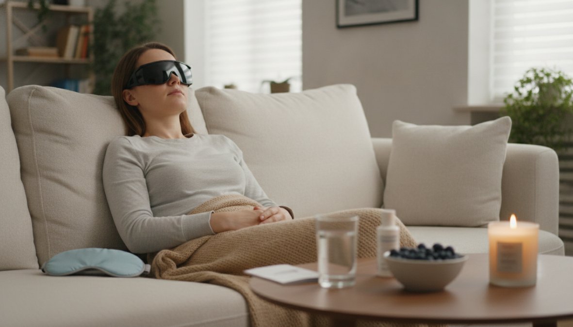 A patient reclining comfortably on a couch at home wearing protective clear eye shields after LASIK surgery, soft warm lamp lighting in the background, a calm and reassuring home environment