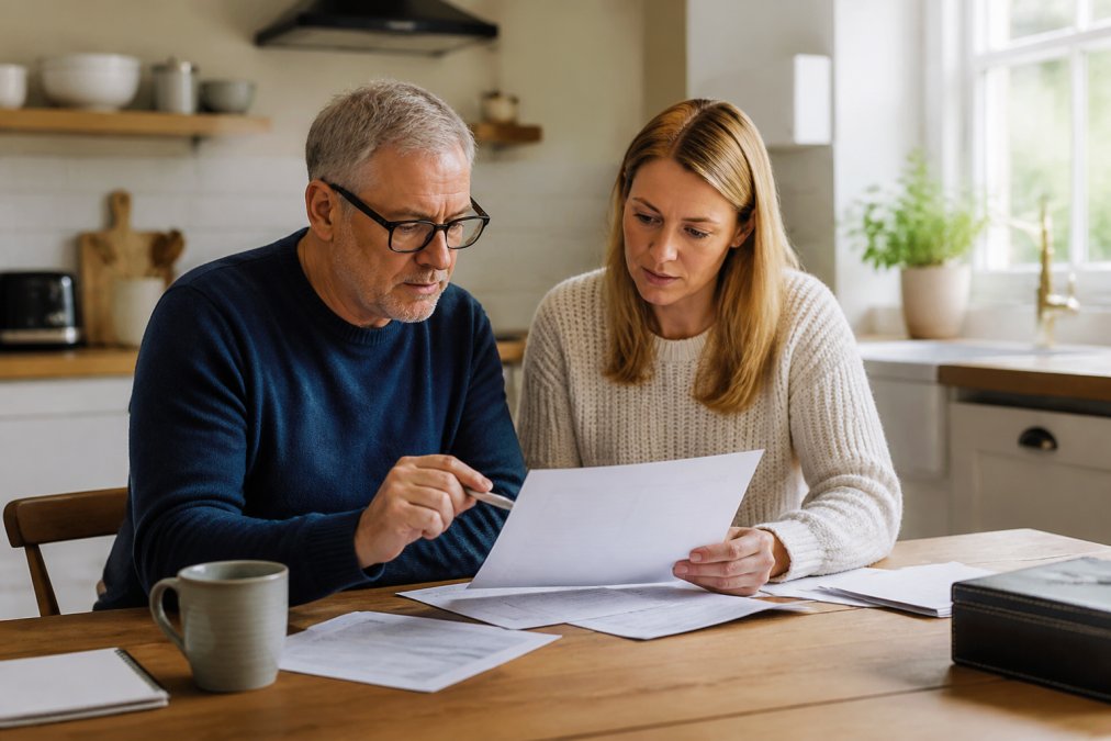 Mature adult and trusted family member sitting at kitchen table reviewing important documents together, natural light from window, both focused on paperwork