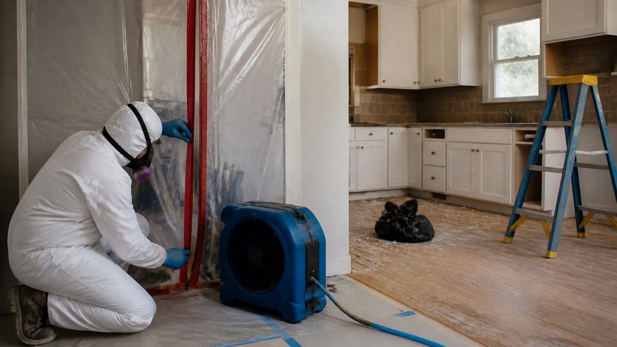 Professional worker in full protective gear and respirator setting up plastic containment barriers and HEPA equipment in a kitchen renovation area during pre-work preparation