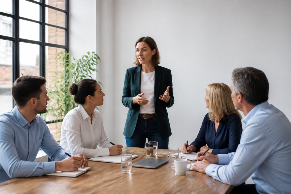 Small business manager leading a team meeting in a modern office with engaged employees taking notes and collaborating around a table, natural light from windows