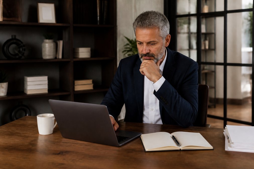 Senior business leader reviewing performance data on a laptop with a notepad and coffee on a clean desk in a professional office setting