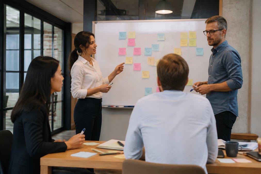 Small team of consultants collaborating around a whiteboard covered in process notes in a modern meeting room, looking engaged but composed rather than stressed