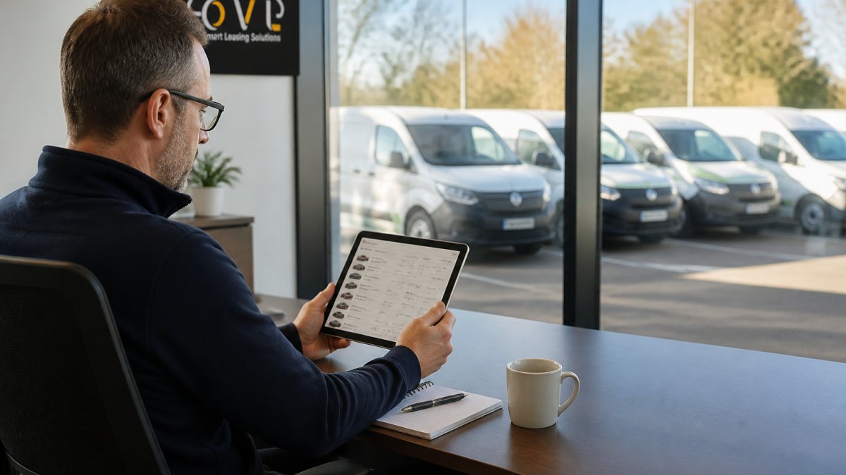 Fleet manager reviewing tablet showing vehicle data in a modern office setting, with several electric vans visible through large windows in afternoon sunlight