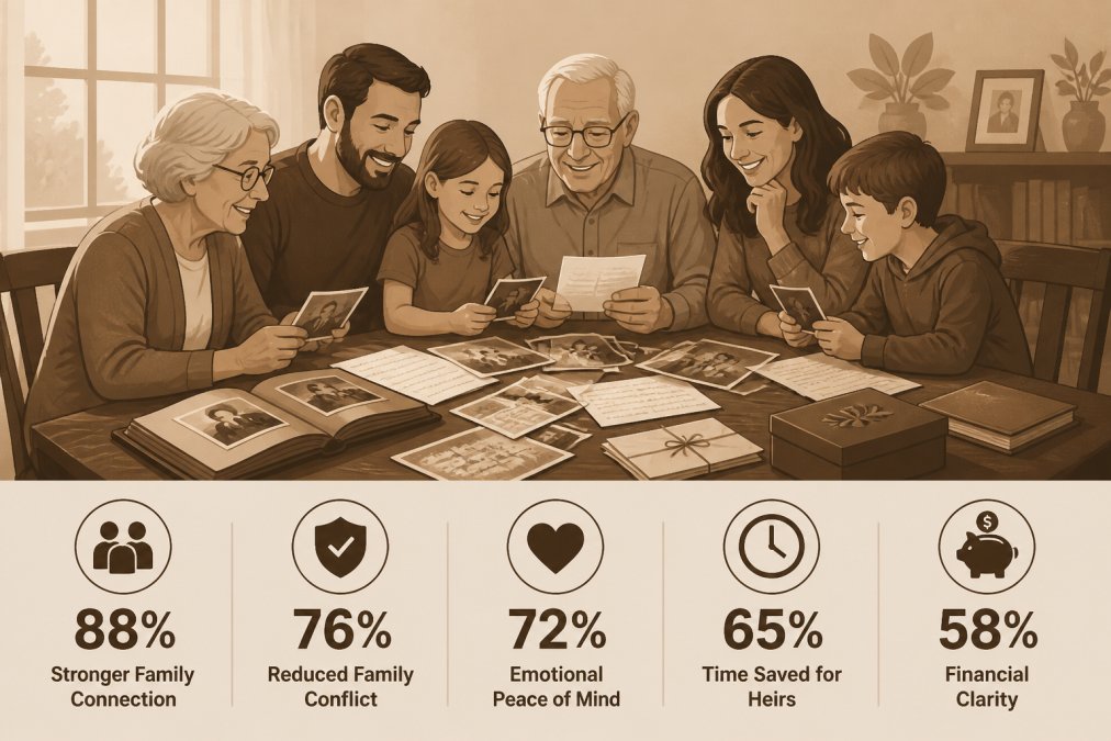Multi-generational family gathered around a dining table with old photographs, handwritten letters, and documents spread out, sharing stories together in warm afternoon light