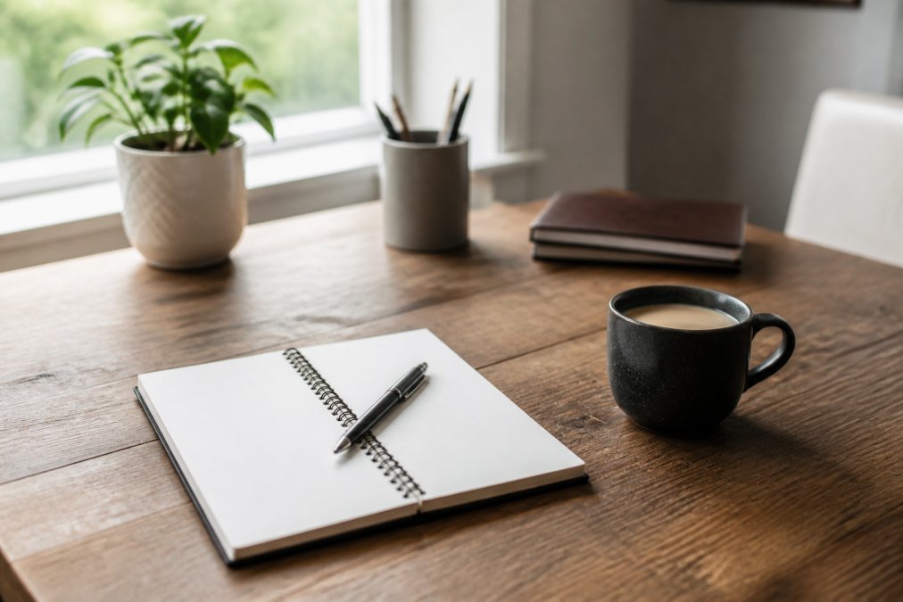 Older adult sitting at a wooden desk with a cup of tea, handwritten journal open, surrounded by family photographs and personal mementos, thoughtfully writing by natural window light