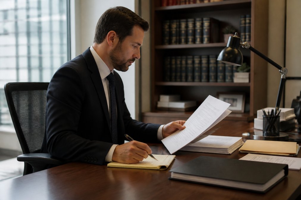 Professional in business attire seated at desk reviewing documents on computer monitor, taking notes with pen on notepad, focused expression examining text carefully
