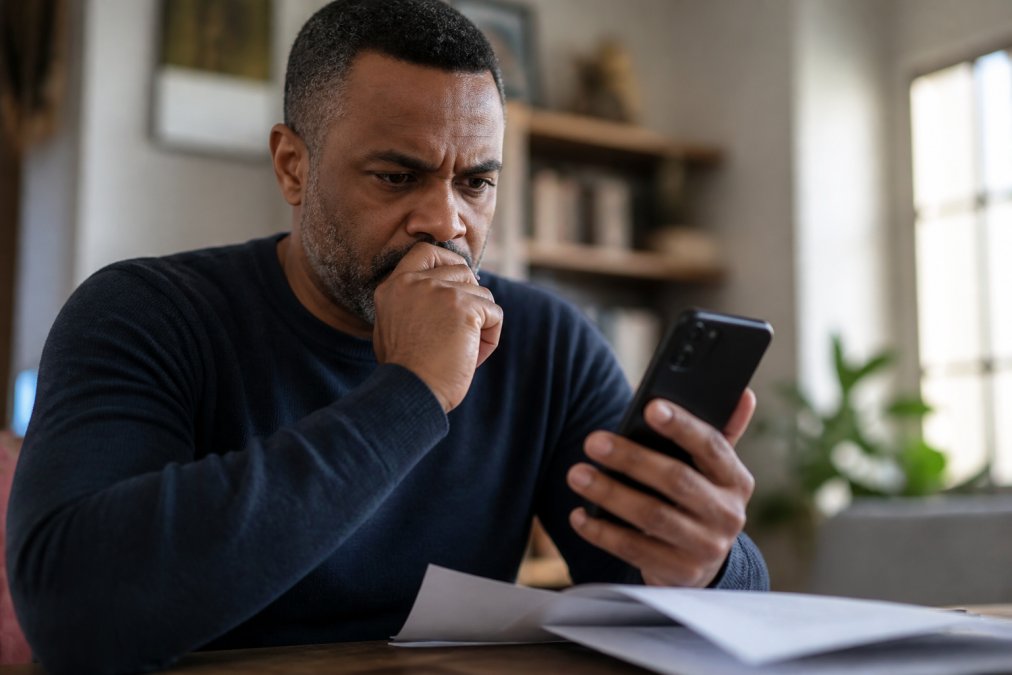 Close-up of hands holding smartphone displaying legal document webpage, person's concerned facial expression visible, natural indoor lighting with blurred background