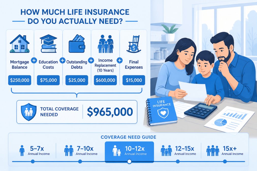 Family reviewing financial documents and discussing life insurance needs at their kitchen table with a notepad and calculator visible, natural afternoon lighting through windows
