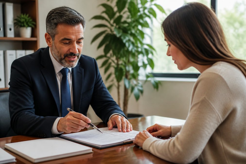 Professional insurance agent in an office meeting with a client, reviewing paperwork and explaining coverage options with a warm, professional demeanor