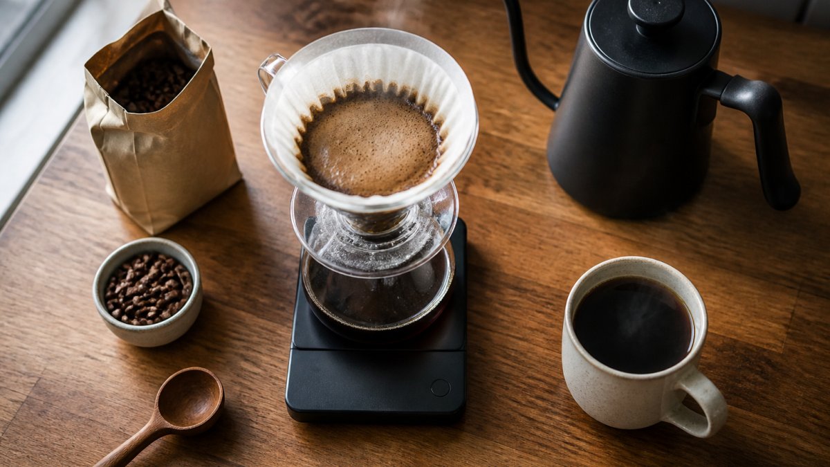 Pour-over coffee setup with a gooseneck kettle and scale on a wooden kitchen counter next to a steaming mug