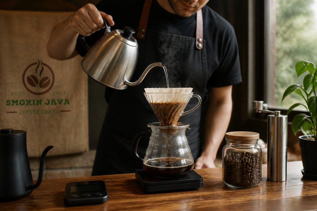 Barista pouring water from a gooseneck kettle over coffee grounds in a pour-over dripper on a wooden counter