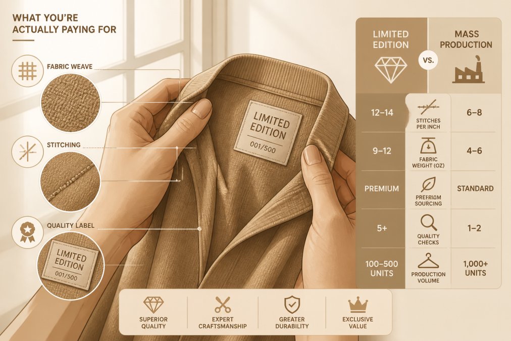 Close-up of hands examining the detailed stitching, fabric weave, and quality label of a premium limited edition garment held up to natural window light, showing the fine craftsmanship