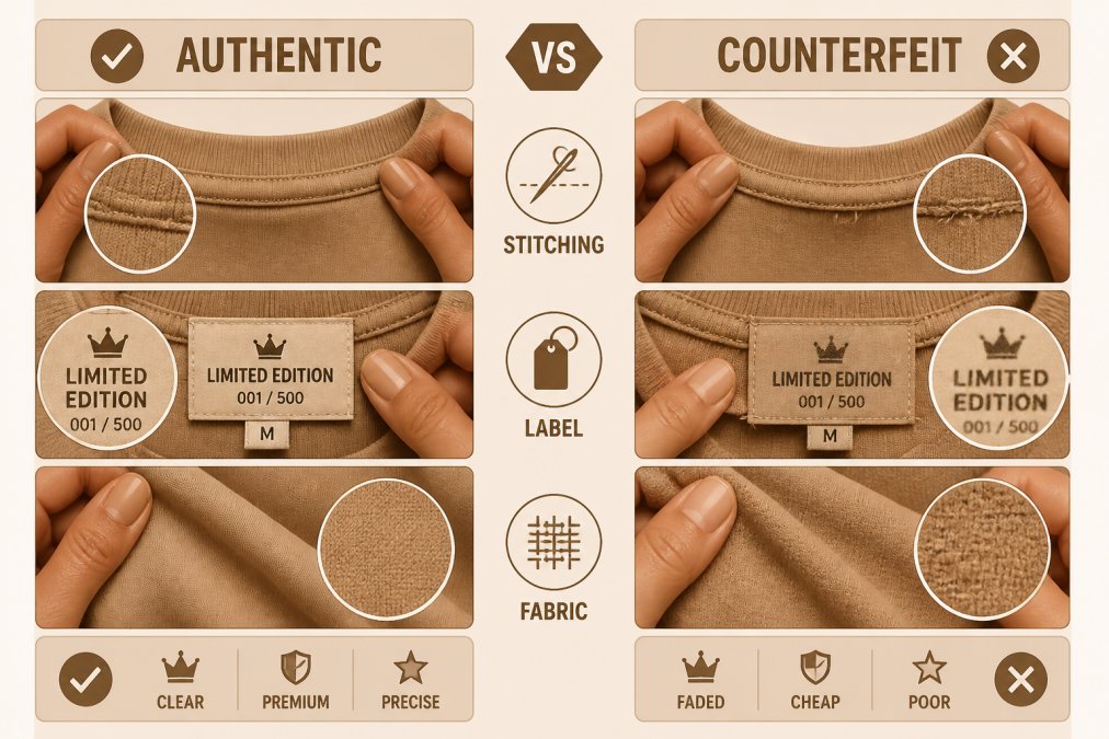 Side-by-side detailed comparison showing hands holding an authentic limited edition garment next to a counterfeit version, highlighting visible differences in stitching quality, label printing clarity, and fabric texture under bright studio lighting
