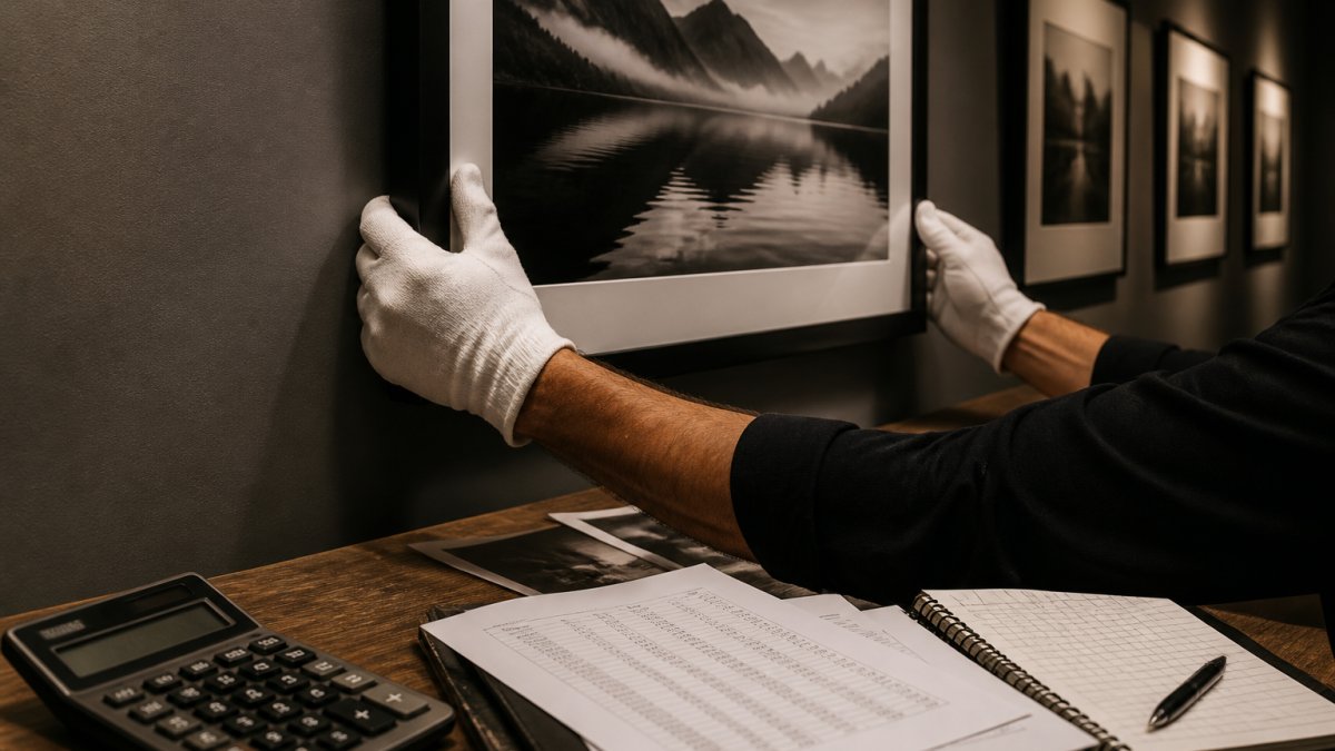 Hands in white cotton gloves carefully handling a framed limited edition photography landscape print