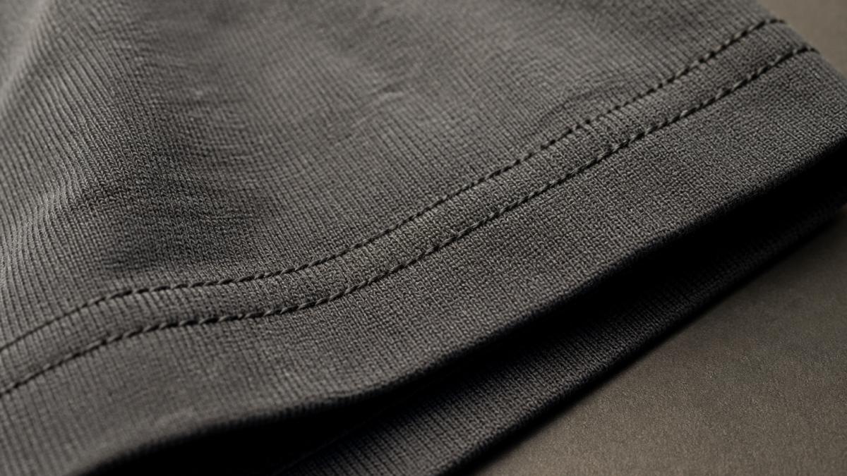 Close-up of heavyweight cotton fabric showing tight weave texture and double-needle stitching detail on premium streetwear tee seam, with natural studio lighting