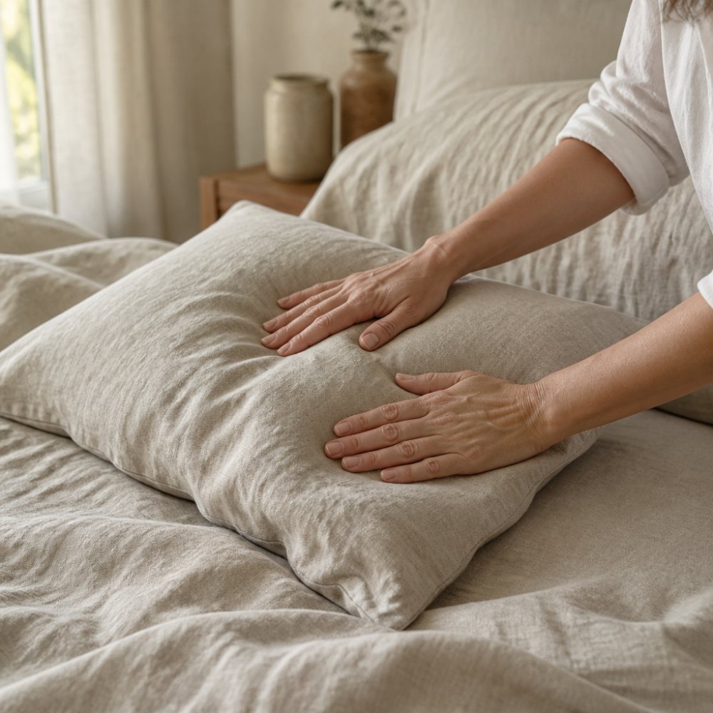 Close-up of hands feeling the soft, textured surface of a linen pillowcase on a bed, with natural light highlighting the fabric weave