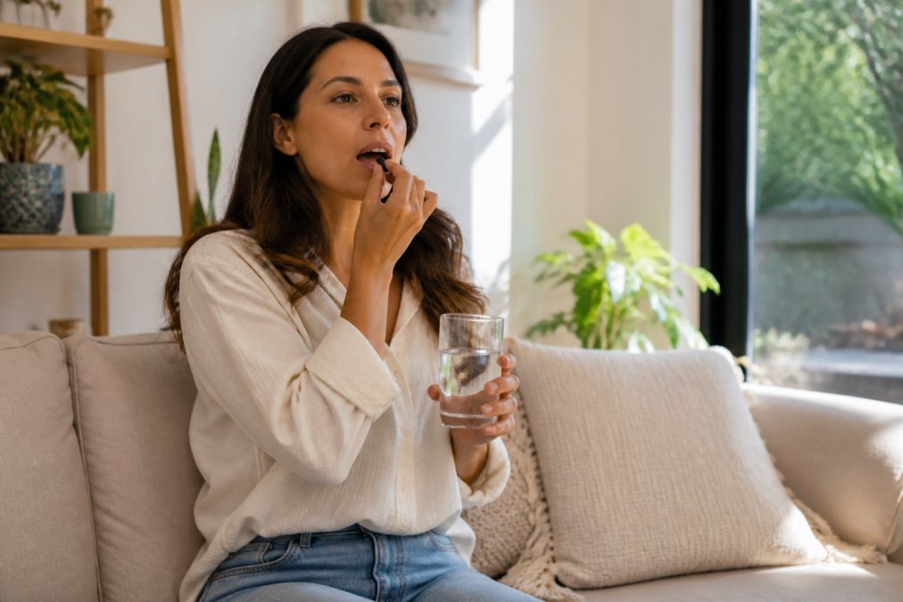 Person in calm home environment taking a CBD supplement with water, appearing relaxed with natural afternoon sunlight streaming through windows