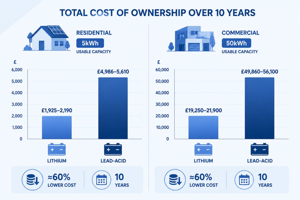 Bar chart comparing 10-year total cost of ownership: lithium system £1,925-2,190 vs lead-acid system £4,986-5,610 for 5kWh usable residential capacity; commercial 50kWh: lithium £19,250-21,900 vs lead-acid £49,860-56,100