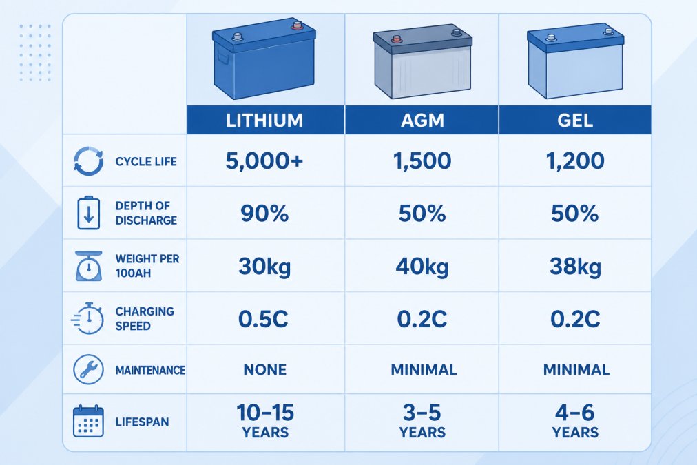 Feature comparison matrix showing lithium vs AGM vs gel batteries: cycle life (5,000+ vs 1,500 vs 1,200), depth of discharge (90% vs 50% vs 50%), weight per 100Ah (30kg vs 40kg vs 38kg), charging speed (0.5C vs 0.2C vs 0.2C), maintenance (none vs minimal vs minimal), lifespan (10-15 years vs 3-5 years vs 4-6 years)
