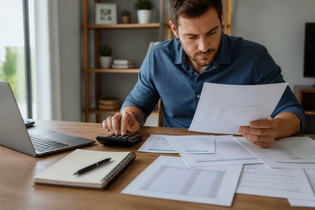 Young professional reviewing financial documents, calculator, and laptop at desk with organized budget spreadsheets and cost analysis papers in natural office lighting