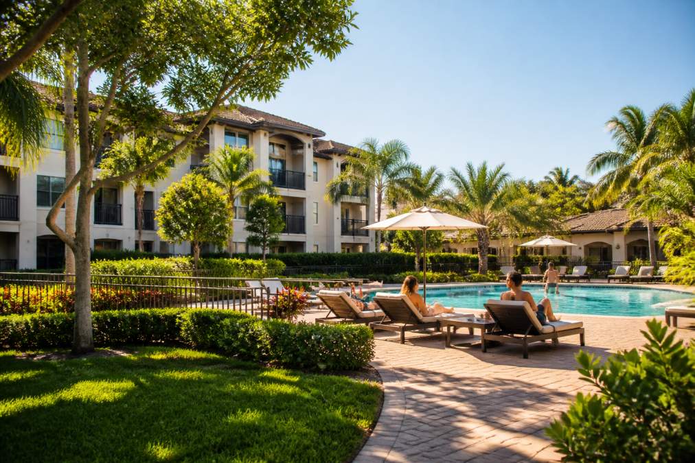 Serene residential community with lush landscaping, resort-style pool area with residents enjoying lounging chairs, modern apartment buildings with architectural detail, and afternoon sunlight casting shadows across manicured grounds