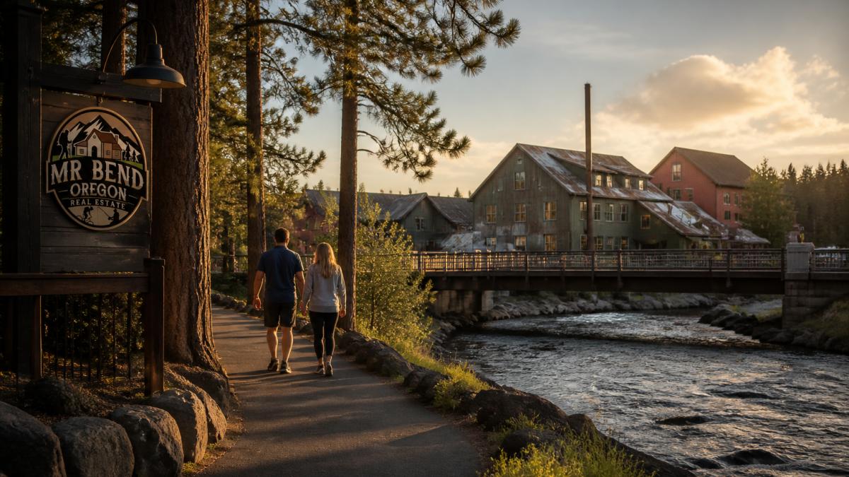 A couple walking a paved riverfront trail beside the Deschutes River in Bend, Oregon, with historic mill buildings and a footbridge visible in the warm late-afternoon light, tall ponderosa pines framing the path