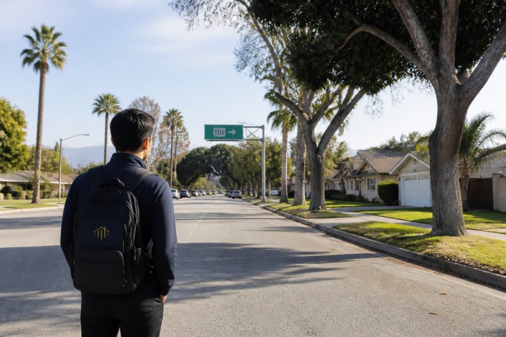 Commuter standing on a tree-lined residential street in Oxnard with single-family homes, palm trees, and clear street signage visible, looking toward the direction of the 101 freeway