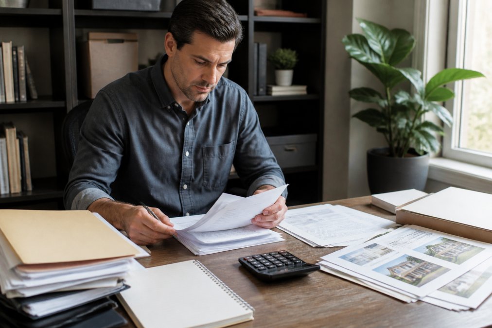 Real estate investor sitting at desk reviewing LLC formation documents, financial statements, and property files with calculator, pen, and folders visible in natural office lighting