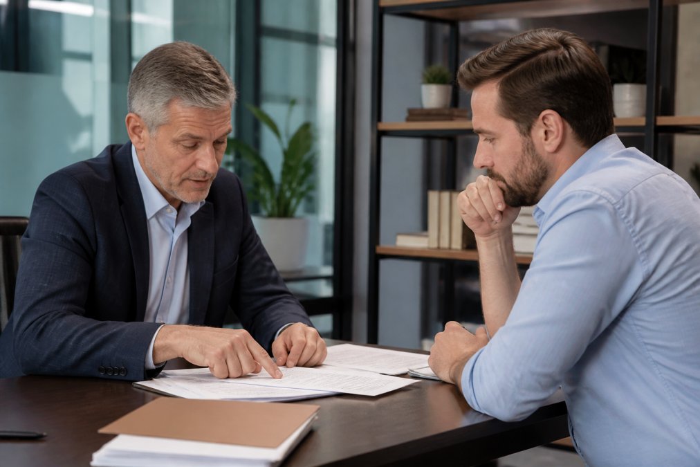Real estate professional meeting with financial advisor in modern office, reviewing positive financial results and investment portfolio on computer screen with professional lighting