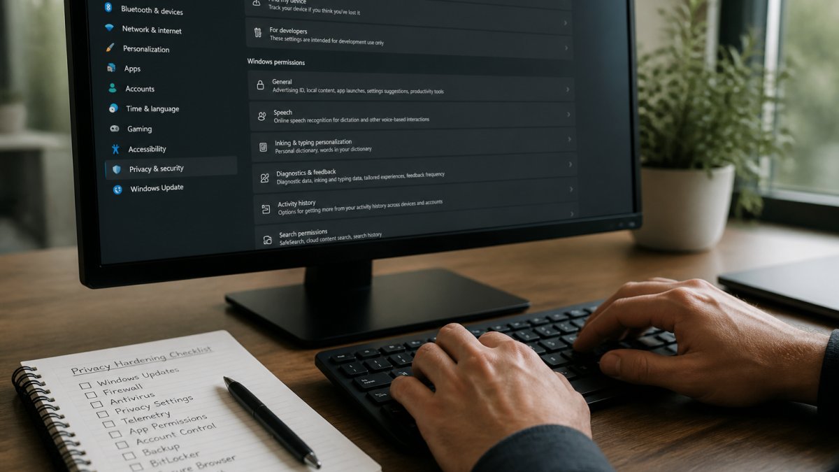 Checklist for making local AI actually private with security settings on a monitor and manual typing steps.