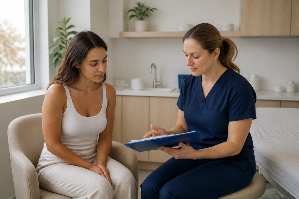 A patient sitting calmly in a consultation room with a nurse, reviewing a pre-surgery checklist on a clipboard, soft natural light, reassuring atmosphere