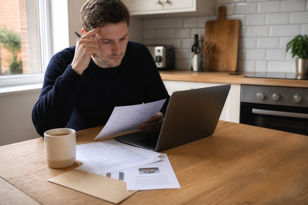 A homebuyer sitting at a kitchen table reviewing conveyancing paperwork and a laptop, with a solicitor's letter and pen beside a mug of tea in a bright UK home