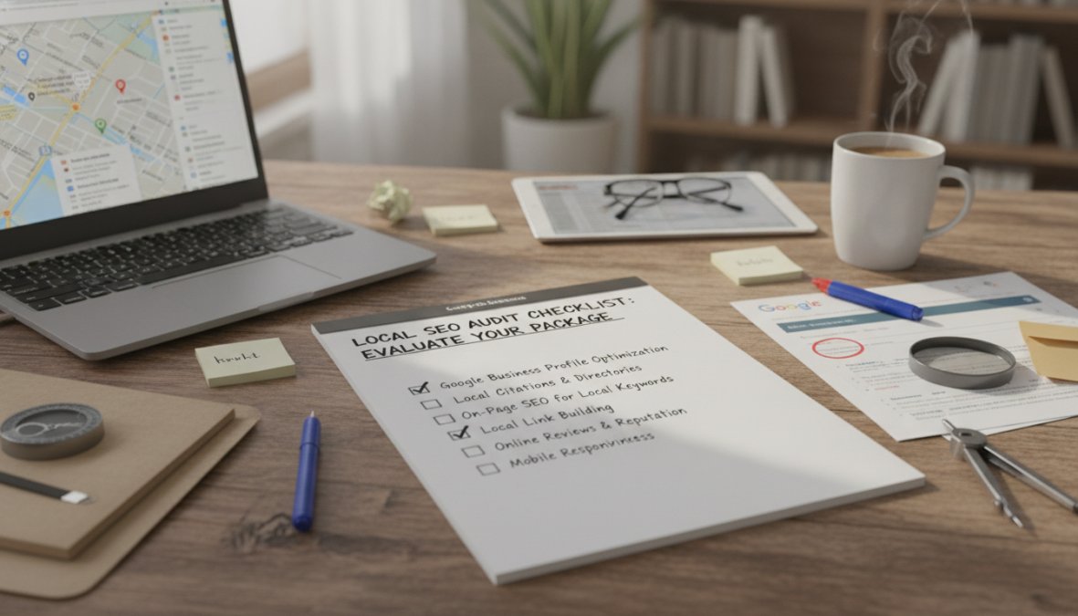 Business owner reviewing local SEO contract on laptop with checklist and notes visible on desk in modern office setting with natural window lighting
