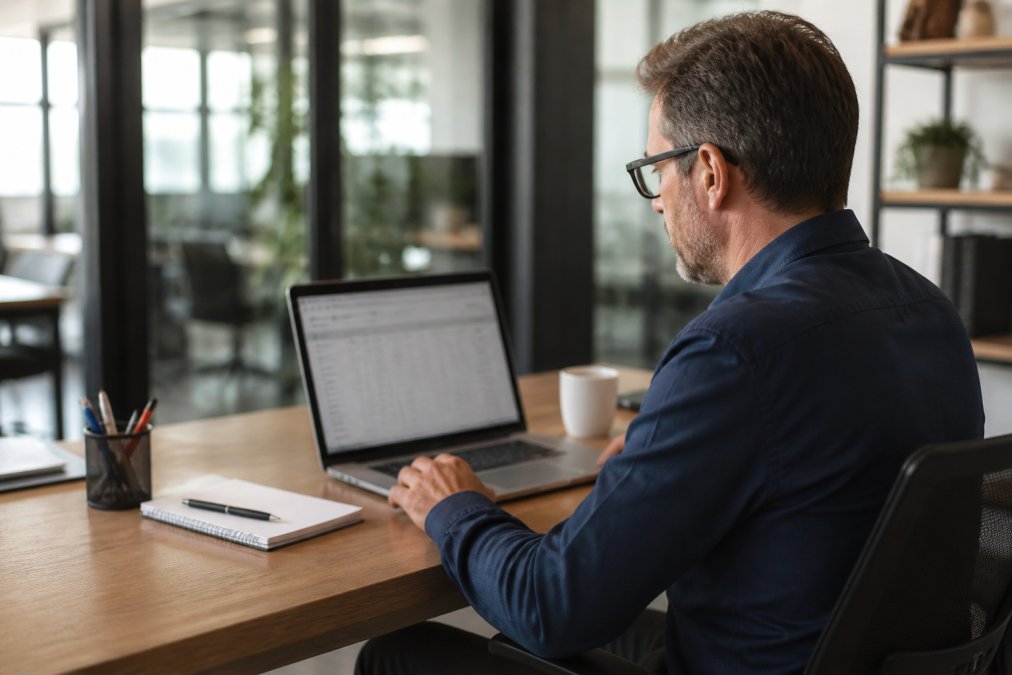Small business owner reviewing analytics dashboard on laptop screen showing local search metrics and conversion data in modern office setting with natural daylight