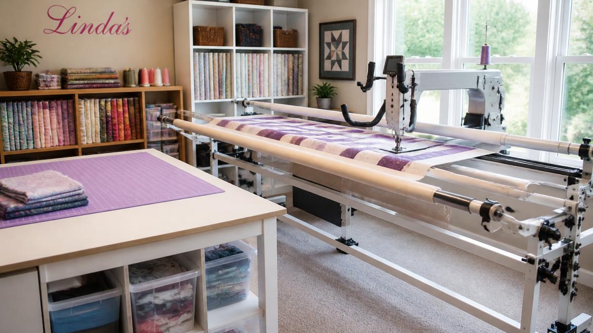 Professional longarm quilting machine positioned in a dedicated studio space with organized fabric storage shelves, a large work table beside the machine, and natural lighting from windows