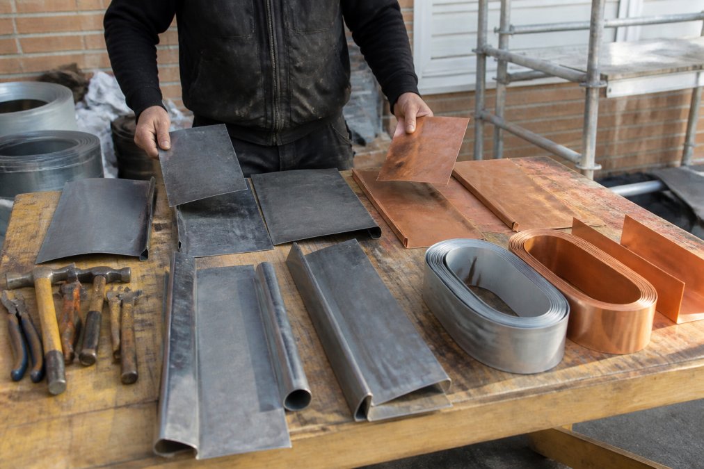 Dakdekker werkt met verschillende loodproducten en alternatieven naast elkaar op een werkblad, met gereedschap, materialen en monsters van elk type zichtbaar onder natuurlijk daglicht