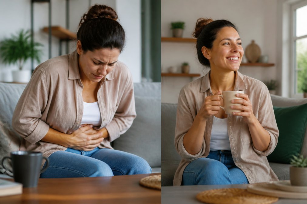 Person holding their stomach in visible discomfort, then smiling while holding a warm cup of coffee in a cozy home setting, showing relief and relaxation