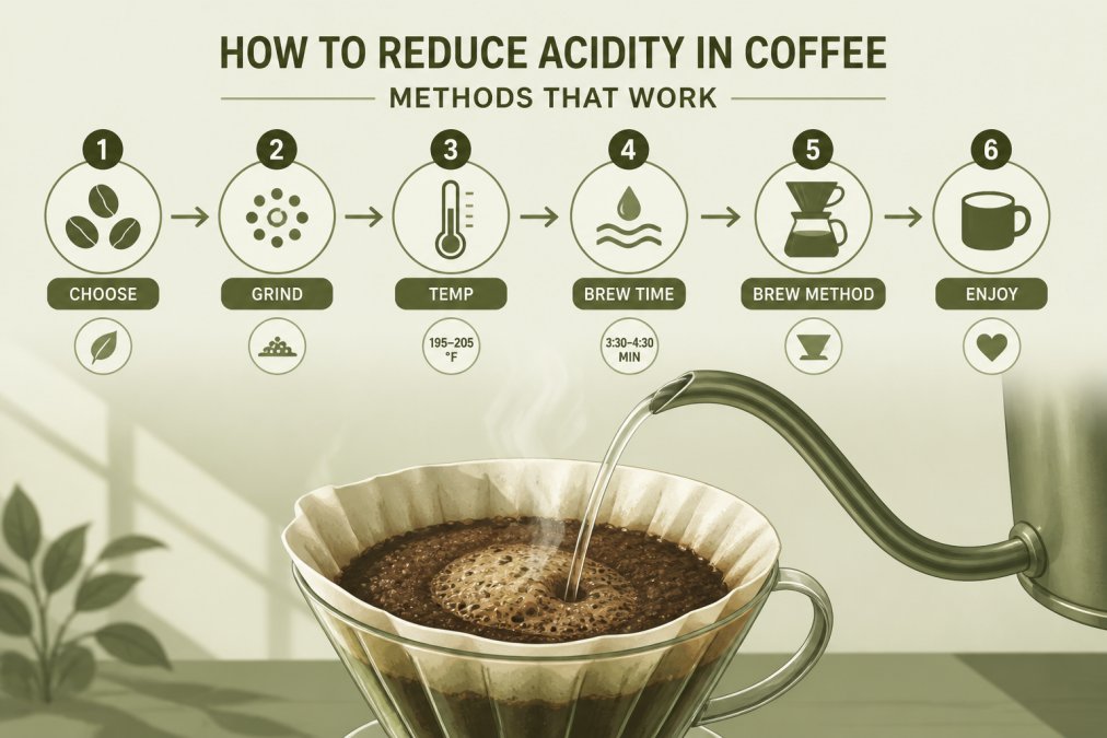 Close-up of coffee grounds in a pour-over filter with hot water being poured slowly, steam rising, showing the brewing process in natural morning light