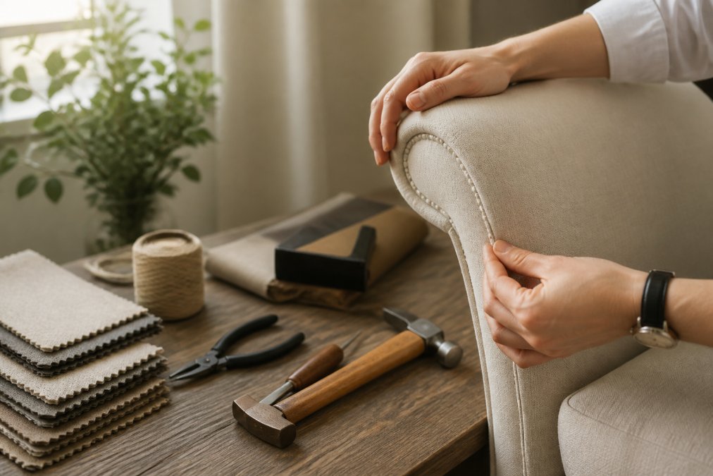 Close-up of hands examining fine stitching and material texture on a premium upholstered decor piece, natural window light highlighting craftsmanship details