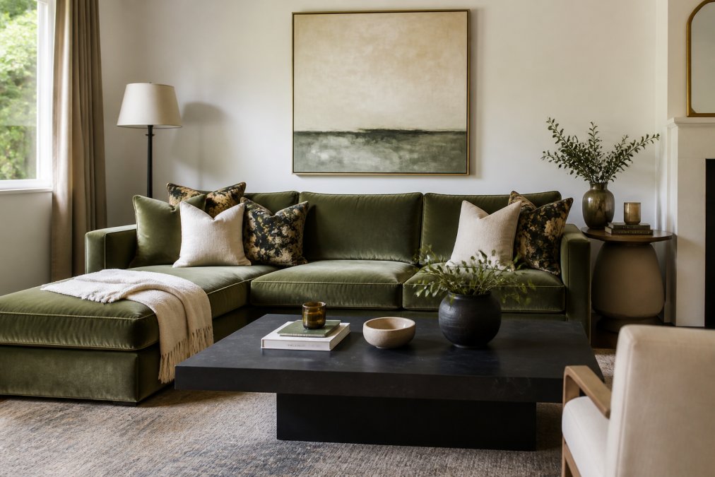 Sophisticated living room interior with a statement luxury sofa as the focal point, paired with accessible side tables, budget-friendly artwork, and curated accessories creating cohesive design