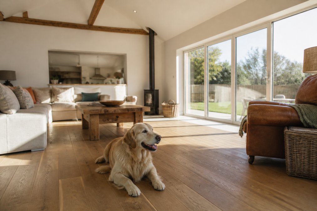 Spacious, bright holiday cottage interior with comfortable sofas, quality furnishings, a fully enclosed garden visible through large windows, and a contented dog resting on warm wooden flooring in natural afternoon light