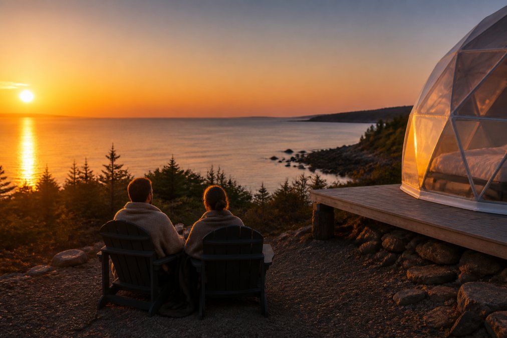 A couple sitting outside a geodome at dusk, wrapped in blankets, facing a calm coastal waterfront with no other structures visible in the surrounding wilderness, soft golden light reflecting off the water