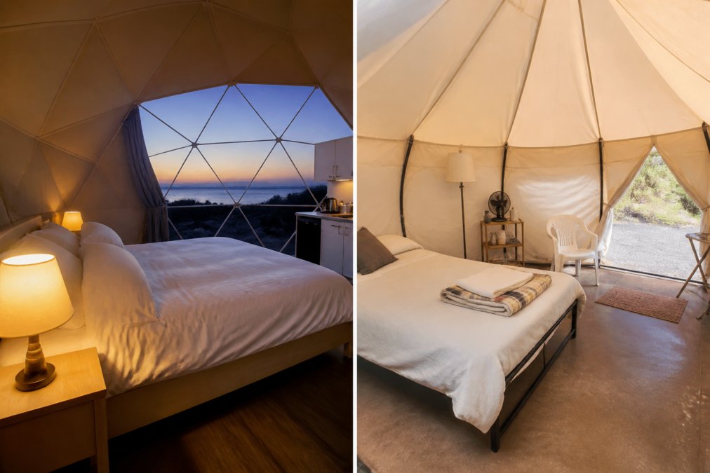 Interior of a luxury geodome with a neatly made bed dressed in crisp white linens, warm amber lighting from bedside lamps, a compact kitchenette along one wall, and a large curved dome window framing a twilight coastal view