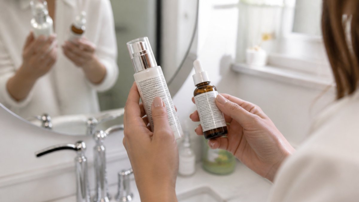 Woman's hands holding two skincare bottles side by side, examining ingredient labels in natural daylight near a bathroom mirror