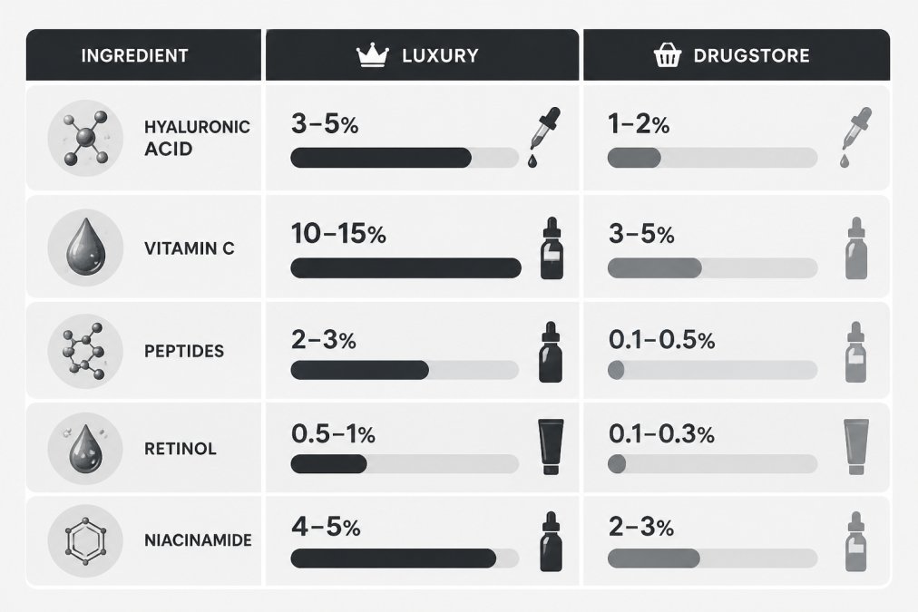 Comparison chart detailing ingredient concentration differences between luxury and drugstore skincare products.