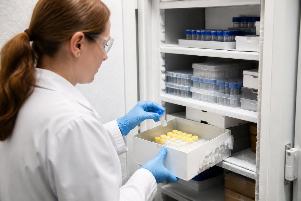 A researcher in a laboratory setting carefully placing a small vial into a labeled storage case inside a freezer, wearing gloves and a lab coat, with organized shelves of vials visible in the background
