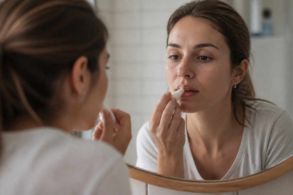 Professional illustration showing person and applying and small concepts for is lysine good for cold sore healing
