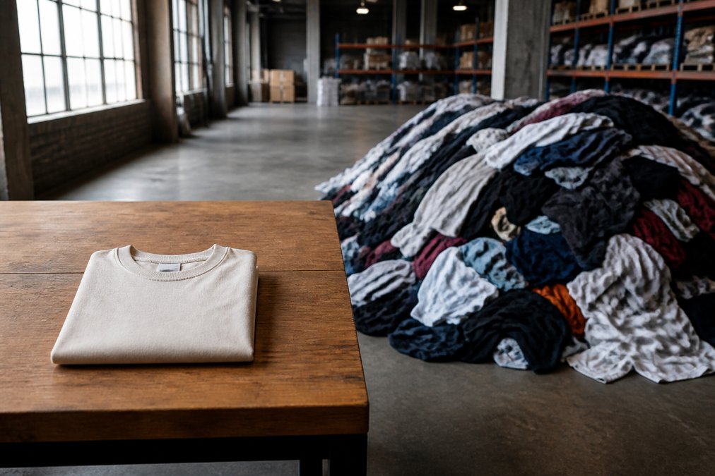 A single neatly folded premium cotton tee resting on a wooden table beside a large discarded pile of mass-produced clothing on a warehouse floor, soft window light highlighting the contrast